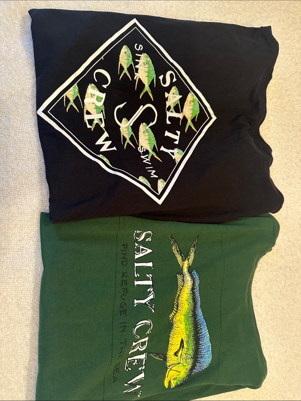 Salty Crew Short Sleeve Tees — Black and Forest Green with Fish graphics